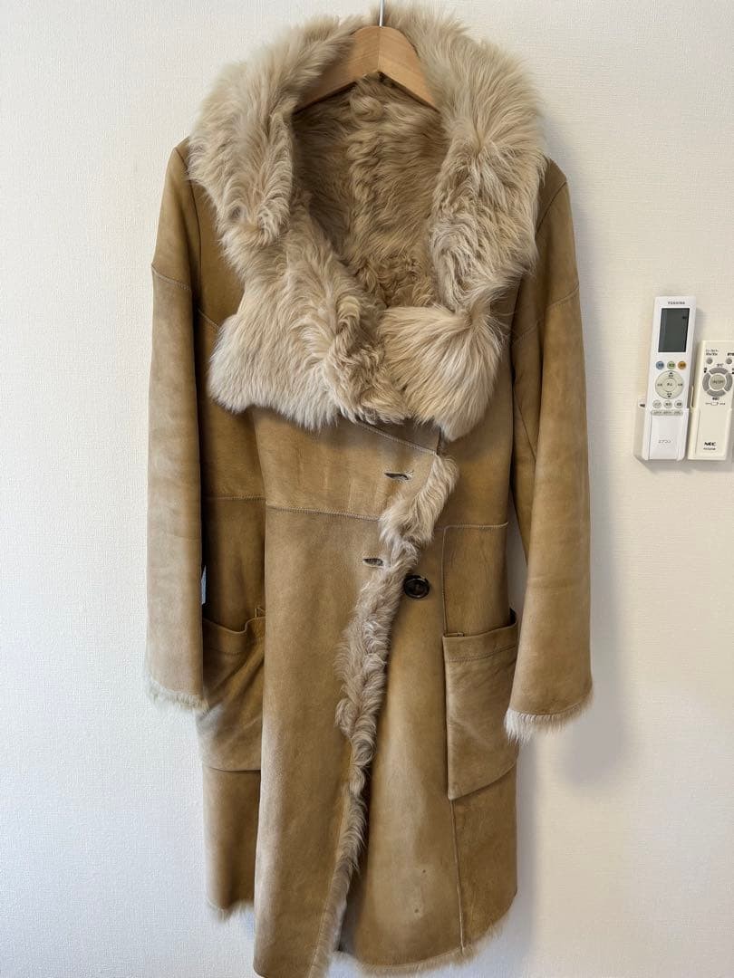 Beige Shearling Coat with Fur Trim, Belted, Size S