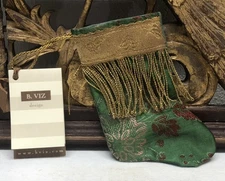 Mini XMAS Stocking Ornament of Antique Textiles by B-VIZ Green w Metallic L9