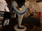 Vtg Hand Blown Murano Style Yellow/Blue Swirl Art Glass Trumpet Vase Coil Base