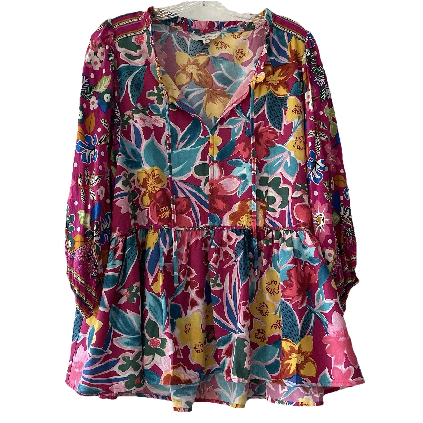 Umgee Women Size XL Colorful Floral Tiered Babydoll Tropical Shirt Tie Front Top