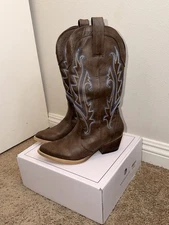 HISEA RollDa Women’s Western Cowboy Boots Brown Embroidered Fashion Size 8.5