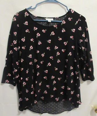 J Jill Top Womens medium Contrast Fabric 3/4 Sleeve Floral Print Casual EUC