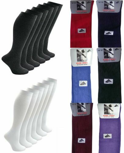 Girls Women Kids Back To School Plain Knee High Long Socks 80% Cotton 8 Colours - Picture 1 of 18
