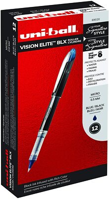 69020 Uni-Ball Vision Elite BLX Rollerball Pen, Micro Tip, Blue/Black, Box of 12