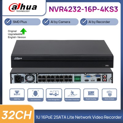 Dahua 32CH 16PoE 4K 12MP NVR 2SATA AI Network Video Recorder NVR4232-16P-4KS3 US