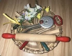 Pyrex Pie Plate 206 & Vintage Accessories Rolling Pin, Egg Beater, Clothes Pins