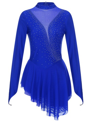Womens Ice Skating Dress Long Sleeve Leotard Finger Holes Dresses Shiny Ladies - Picture 20 of 59