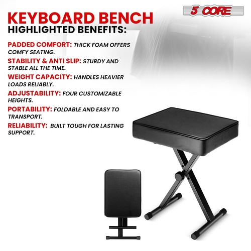 5 Core Keyboard Bench 3" Padded Cushioned Piano Stool Adjustable Guitar Seat - Picture 8 of 10