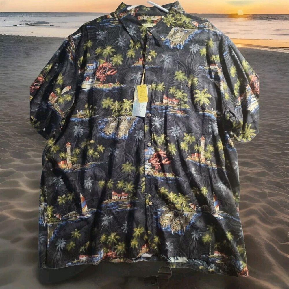 NWT Batik Bay Mens Hawaiian Camp Aloha Shirt 2XL Black Palms 843