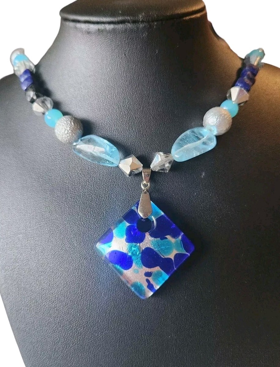 Vintage Signed Blue Murano Glass Pendant Beaded Chain Necklace 
