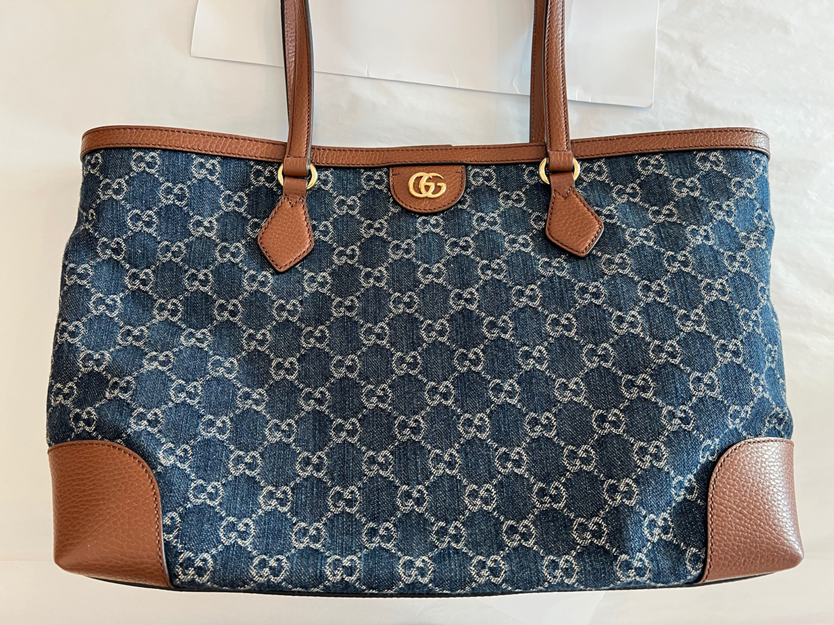 GUCCI Ophidia Jacquard Denim Tote Bag Italy Brown Leather Handbag