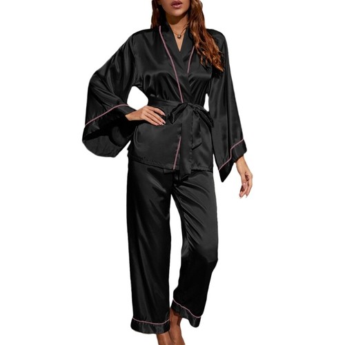 Satins Silk Pajamas Set Women Belted Sleepwear Long Sleeve Pj Set Loungewear - Picture 31 of 32