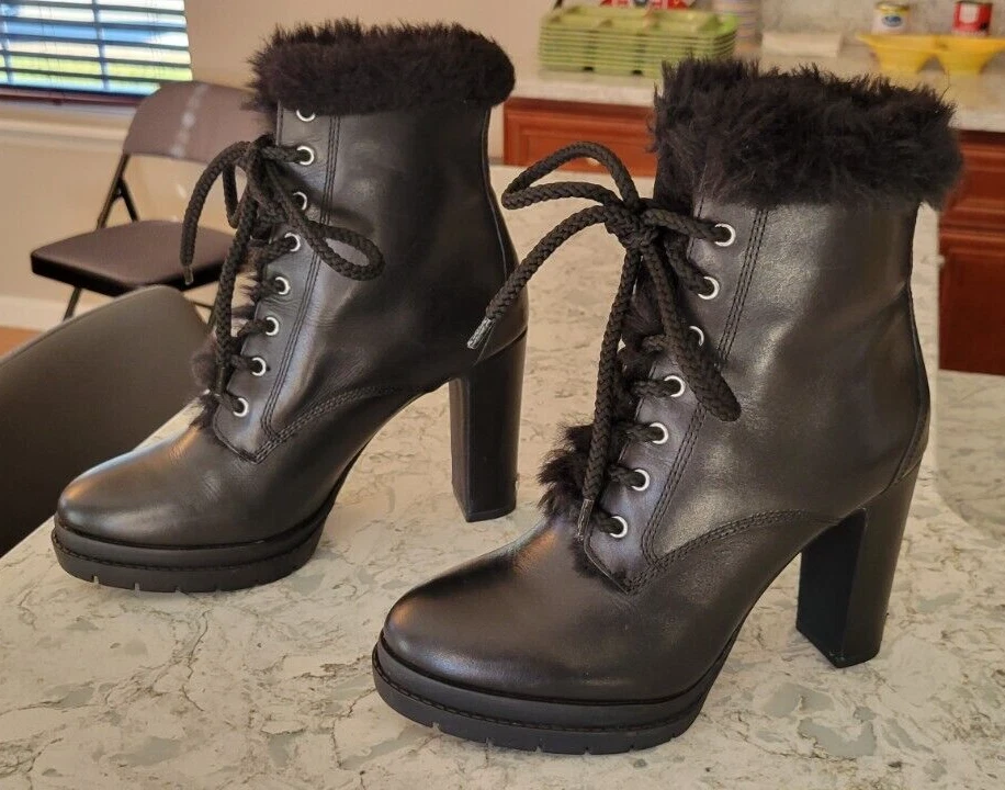 Botas para mujer DKNY de cuero negro con cordones cremallera piel de combate Tim talla 8,5 39 tacones Foto 2 de 4