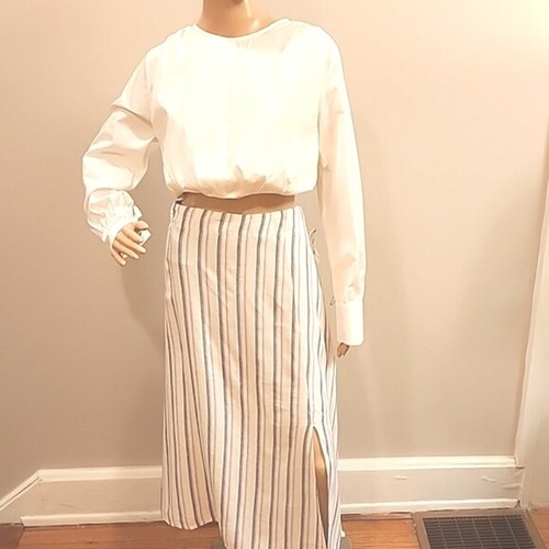 Flowy Ivory/Purple Striped Linen-blend Coastal Plus Sized Midi Skirt| XXL - Picture 5 of 10