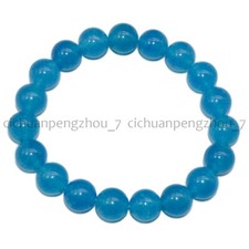 10mm Natural Blue Aquamarine Round Gemstone Beads Elastic Bracelet 7.5''