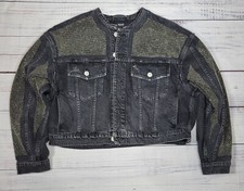 Hudson Cropped Rock Studded Denim Jacket Distress Heavy Sz L Women Black Green