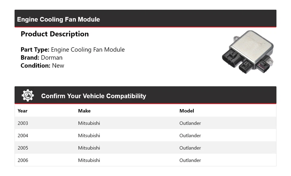 Módulo de ventilador de refrigeración del motor Mitsubishi Outlander Dorman 2003-2006 2004 2005 Foto 2 de 4