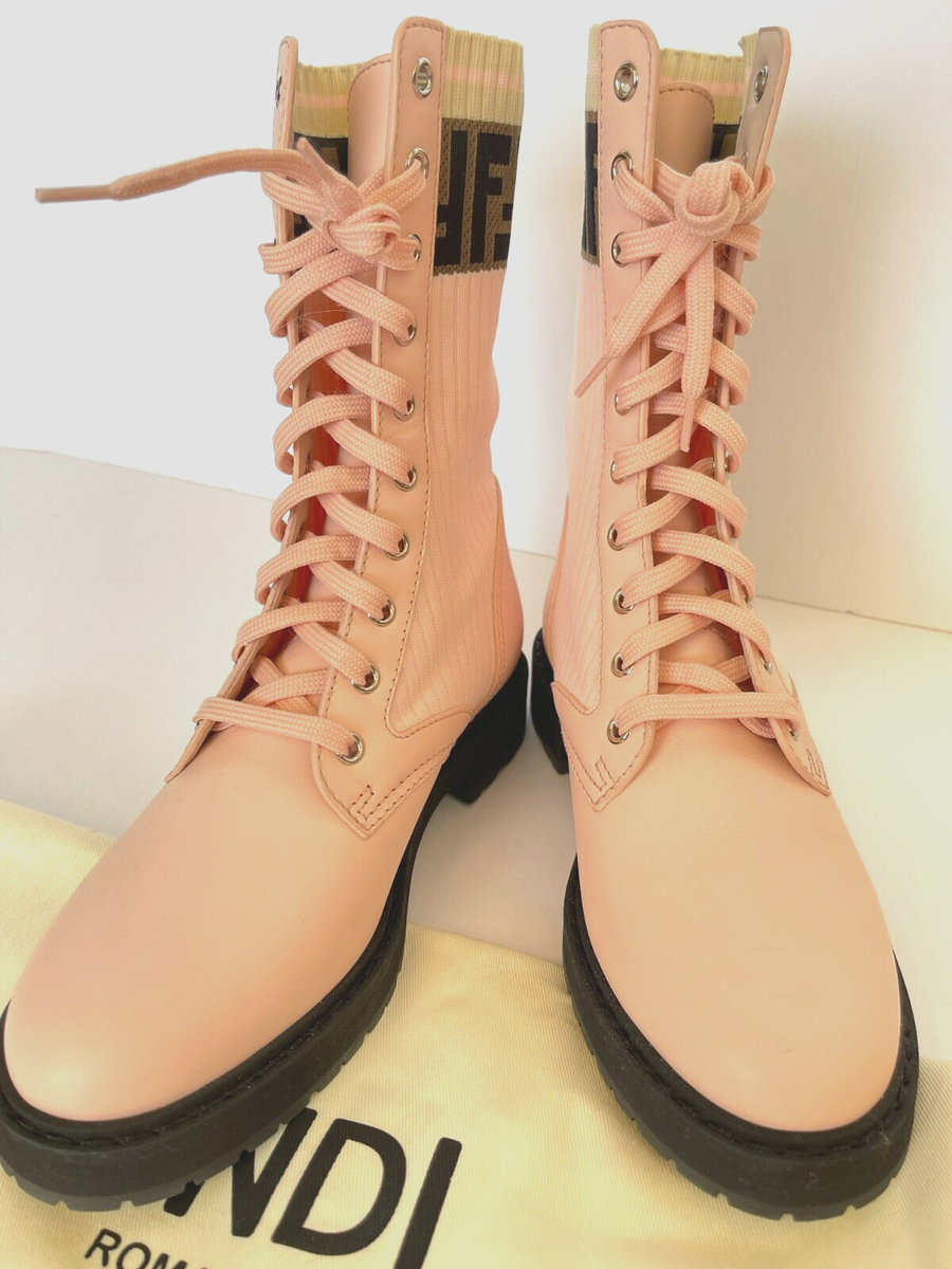 アウトレット【FENDI】ROCKOKO FFモノグラム コンバットブーツ Fendi Rockoko Leather & Knit Combat Boots | Saks Fifth Avenue