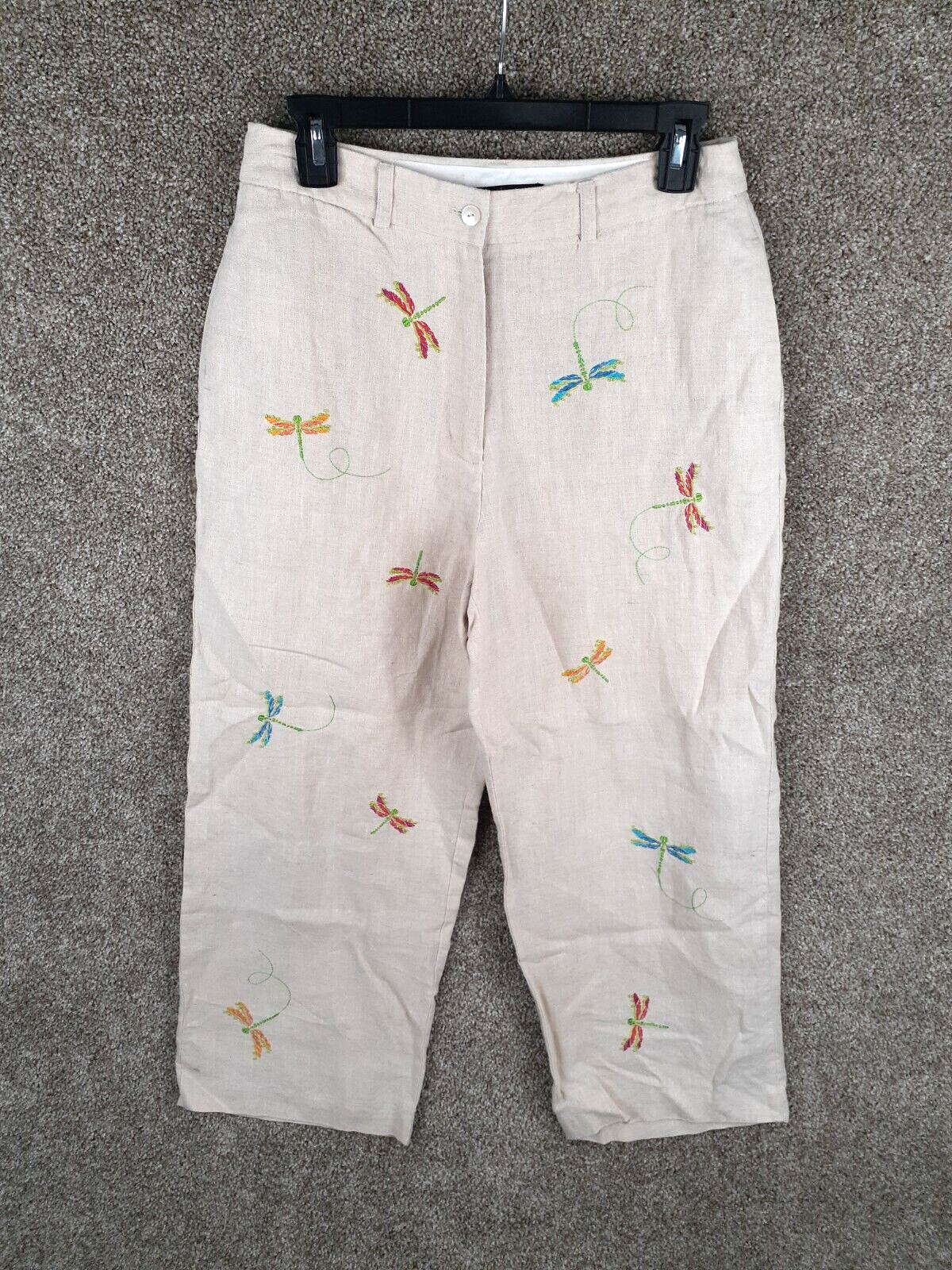 Paraphrase Crop Linen Pant Womens 8 Beige Dragonfly Embroidered Pockets Boho Art