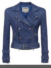 L'agence Billie Women's Belted Lamb Leather Biker Moto Jacket Indigo Size L