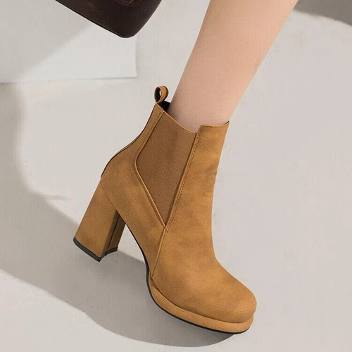 Damen Stiefeletten Mittel Blockabsatz Seitlicher Reißverschluss Chelsea Boots Schuhe - Bild 4 von 28