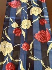 Vintage Long Rectangular Silky Scarf Navy Blue w/ Ivory and Red Tulip Accents