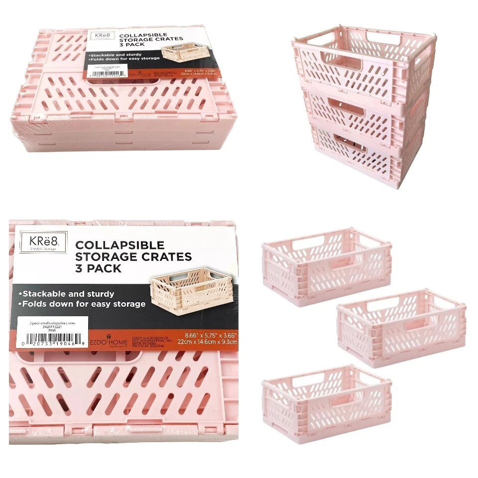Foldable Stackable Desktop Organizer Storage Crate Boxes Collapsible 3 Pack Pink - Image 2 of 4