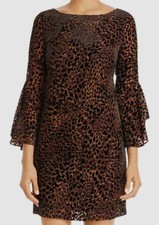 $898 Elie Tahari Women Brown Black Leopard Sheer 3/4-Sleeve Velvet Dress Size 10