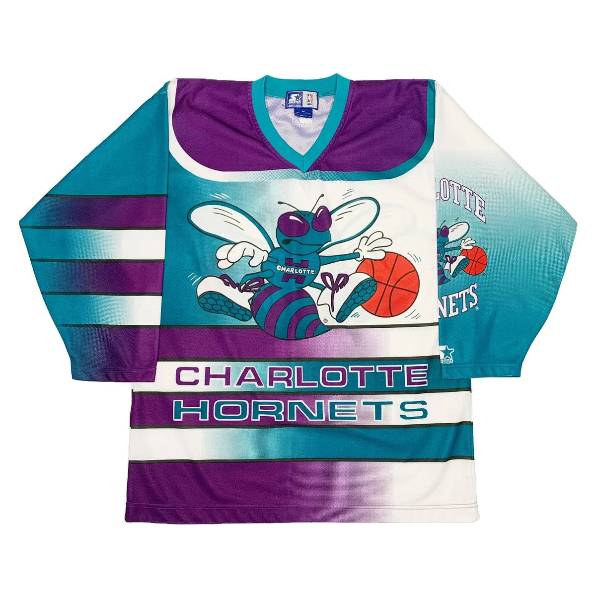 Vtg Rare NBA Charlotte Hornets Starter All Over Print Hockey Jersey. Mens Medium