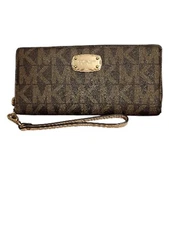 Michael Kors Large brown monogram coated canvas continental wristlet