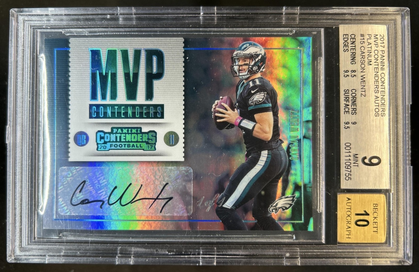 2017 Panini Contenders Carson Wentz MVP Auto Platinum #1/1 Eagles BGS 9