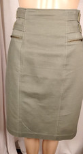 Olive Pencil Skirt Belted Waist Zip Pocket Back Pleat Cotton Office Minimalist