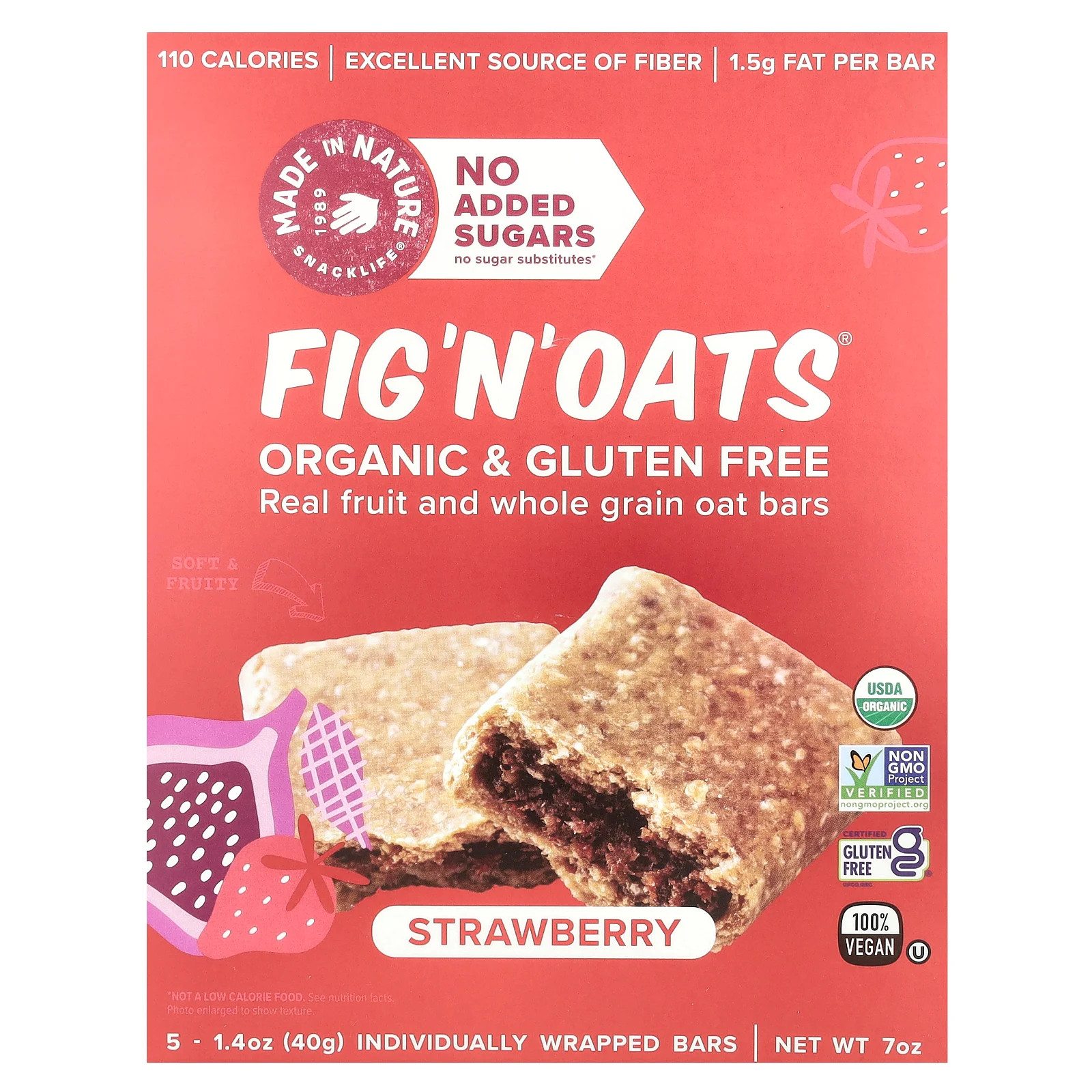 Овсяные хлопья с инжиром и клубникой, 5 батончиков в индивидуальной упаковке, по 1,4 унции (40 г) каждый