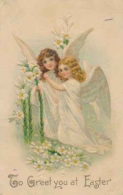 EASTER - Two Angels and Flowers To Greet You At Easter Postcard - udb (pre 1908)