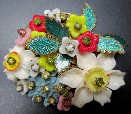 MIRIAM HASKELL Unusual Rhinestone Celluloid Enamel Flowers Vintage Pin Brooch