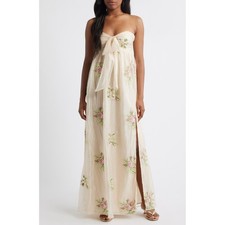 Lulus Women's Fiona Strapless Maxi Dress Floral Embroidered Cream Pink S Fairy