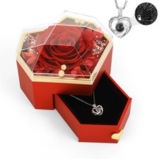 Preserved Real Rose with Heart Necklace, Eternal Flowers Rose with I Love You...