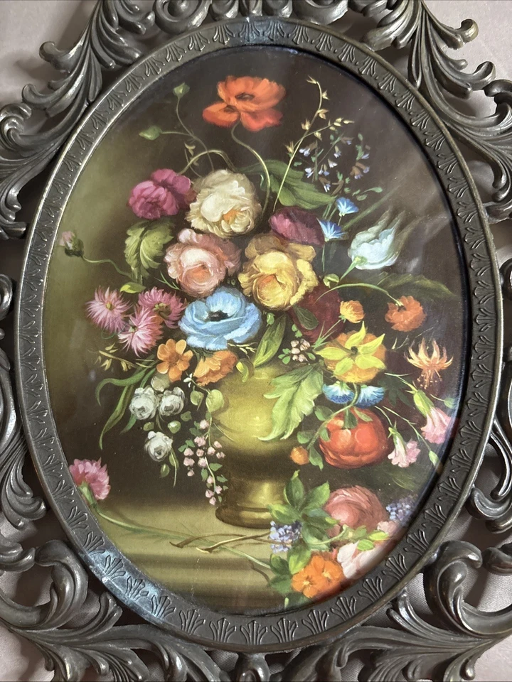 "2 marcos de fotos de latón ovalados ornamentados de vidrio burbuja vintage impresión floral Italia 13""" Foto 3 de 4