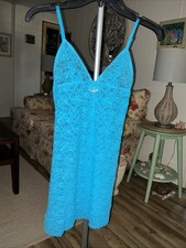 Victoria  s Secret Nylon Chemise Nightie SZ SMALL Blue Floral Lace Silver Label