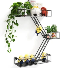 Fire Escape Shelf - 3 Tier Metal Black Fire Escape Wall Shelves with Baskets, Ne