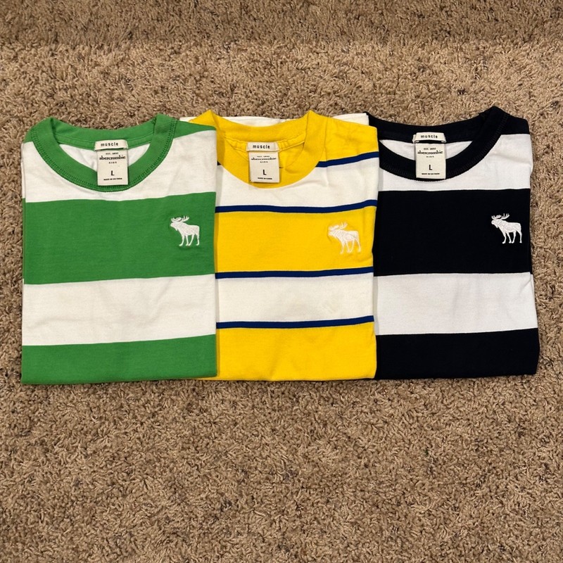 Lot of 3 ABERCROMBIE KIDS Boys L Tee Shirt Stripe T-shirt Moose Logo 100% Cotton