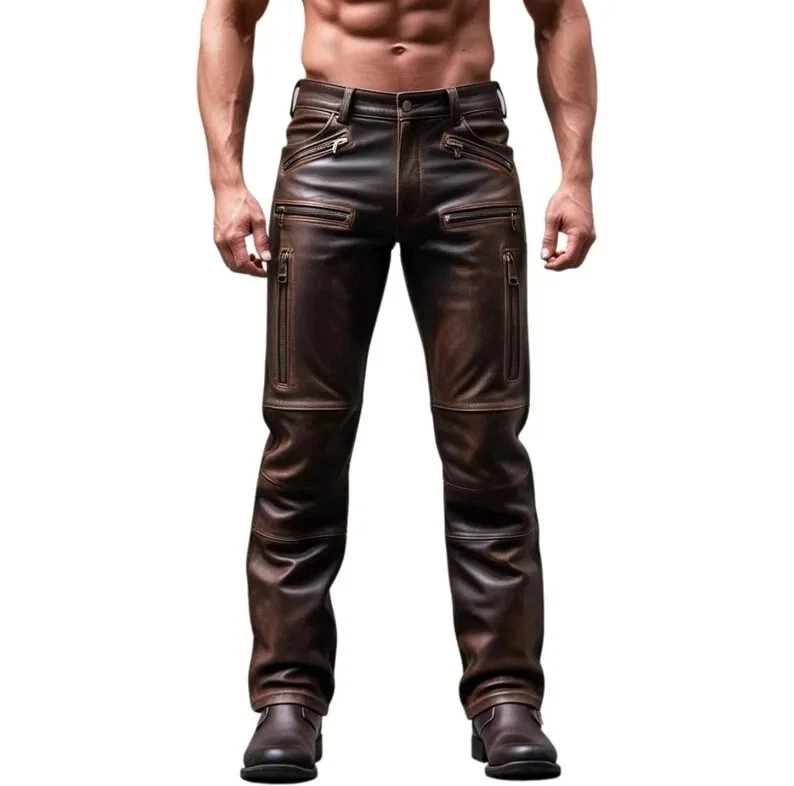 Men's Stylish Brown real Leather Pants Handmade Multiple Zipper Biker