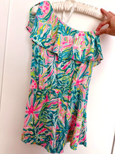 Lilly Pulitzer Romper Girls X-Large 12-14 Pink Green Floral One Shoulder Ruffle