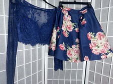 Sherri Hill Navy Two Piece Dress Long Sleeve Floral Lace Crop Mini Skirt Sz 6