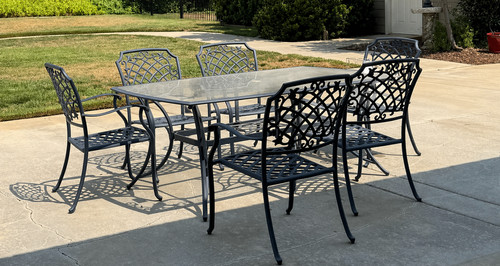 Outdoor Patio Dining Set: Solid Wrought Iron glass table with 6 chairs