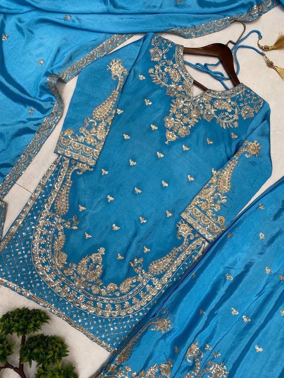New Look Mezcla de Seda Kurta Palazzo Set Zari Trabajo Étnico Ensemble Ropa