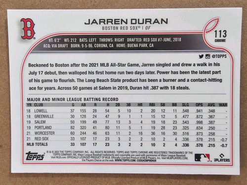 2022 Topps Chrome Sonic - Réfracteur RayWave (RC) Jarren Duran #113 noir et blanc - Photo 2 sur 2