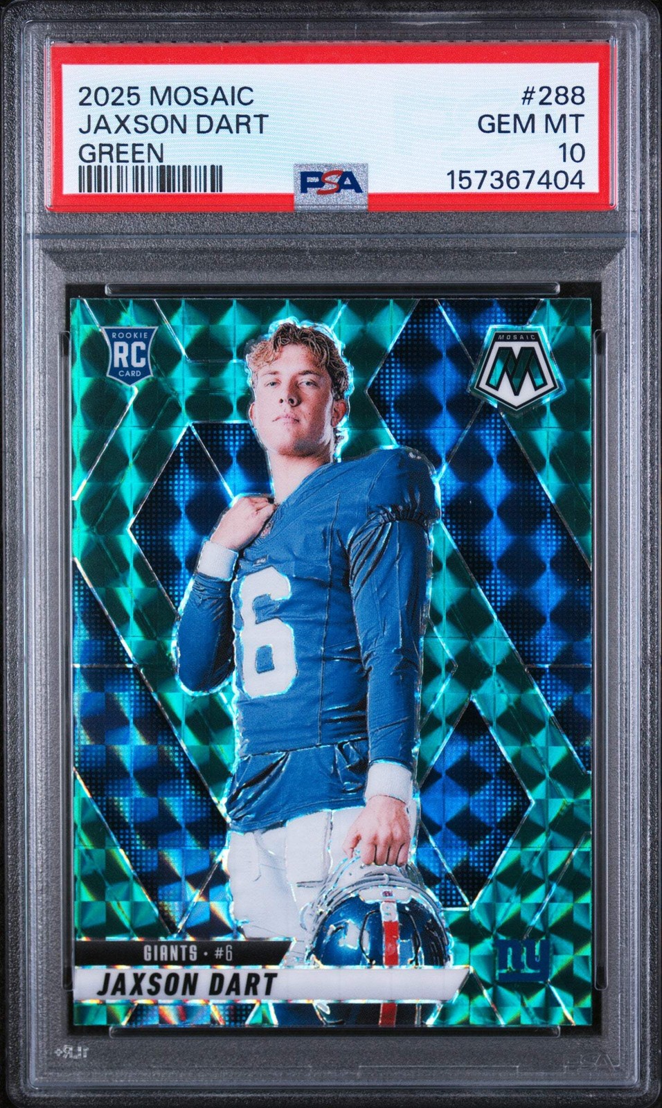 Graded 2025 Panini Mosaic Jaxson Dart #288 Green Rookie RC Football Card PSA 10