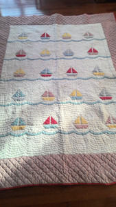 Pottery Barn Kids Nautical Sailboat Twin Quilt White w/Red Stripes 84"x73"HEAVY