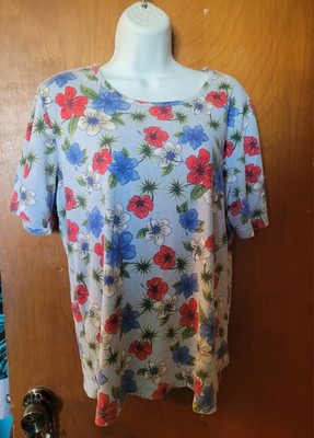 White Stag Womens Pullover Top Red White Light Blue Floral Ribbed 16 W
